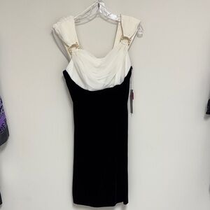 One-Shoulder Black and Ivory Cocktail Dress with Draped Bodice